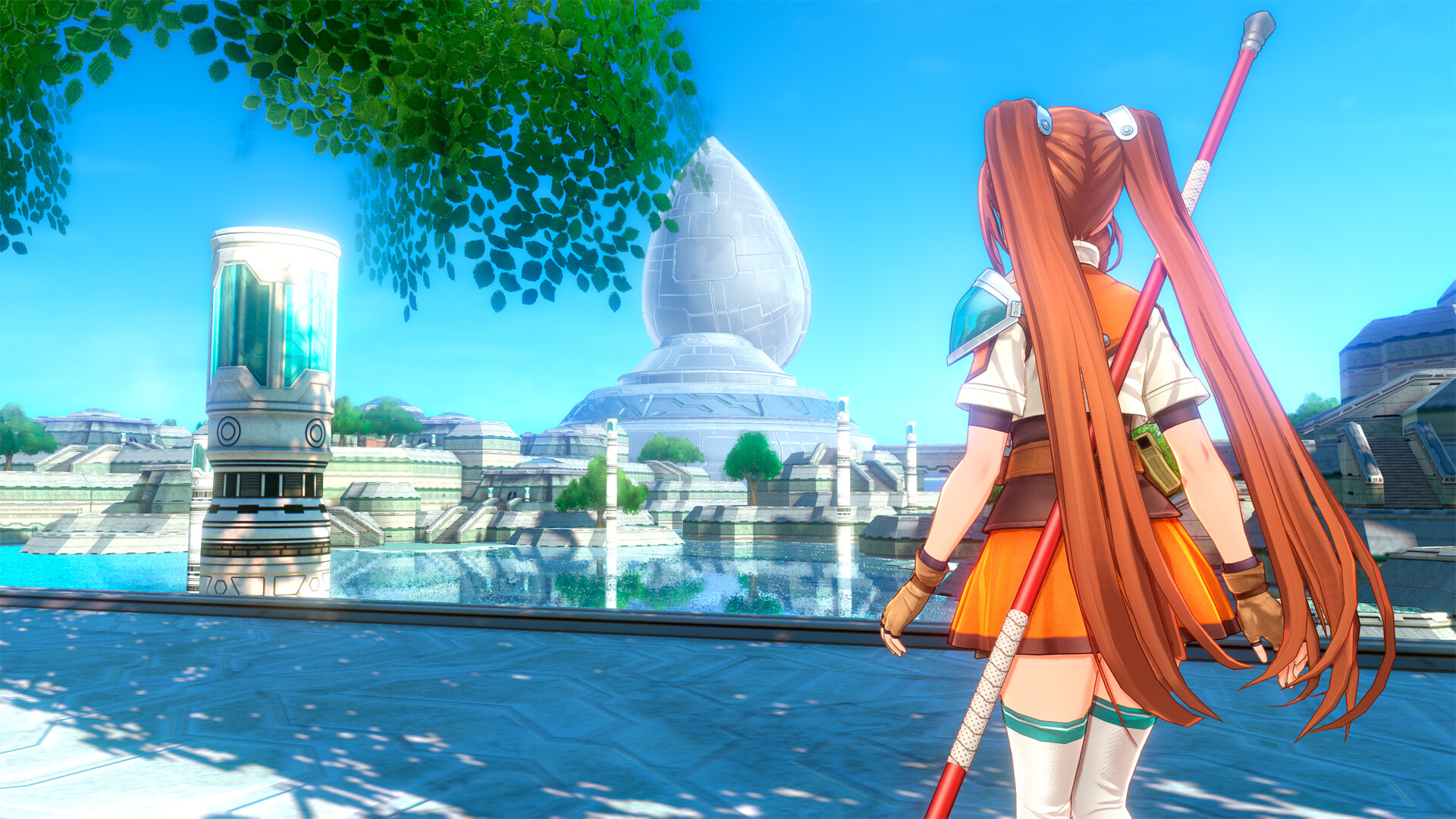 Estelle looking out over the waterways and spires of the capital, in Trails in the Sky 2nd Chapter