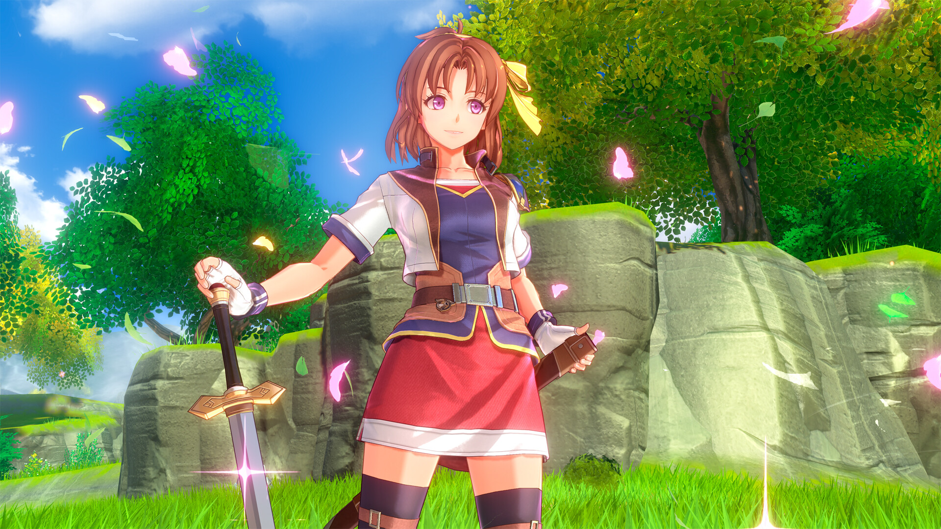 Estelle standing in a sunlit field surrounded by drifting petals