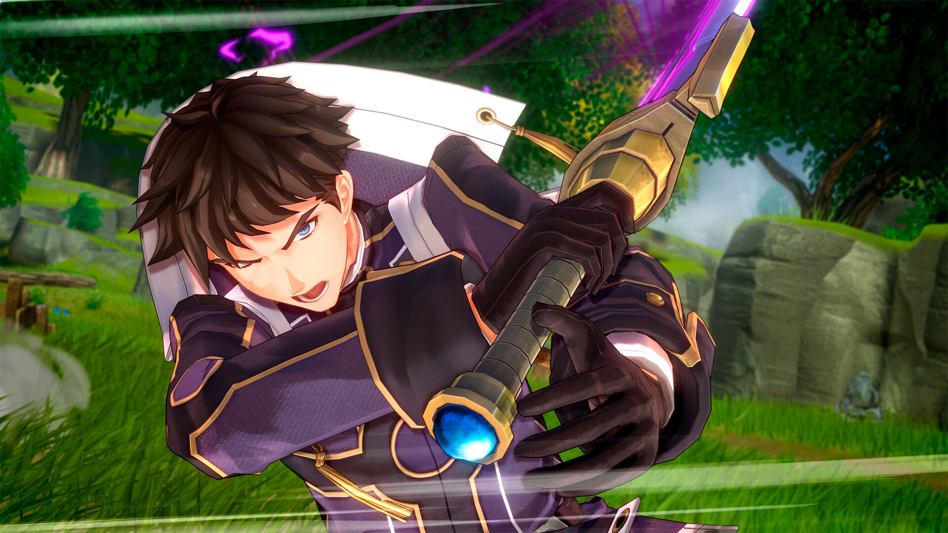 A party member striking out with a heavy gauntlet weapon in a forest