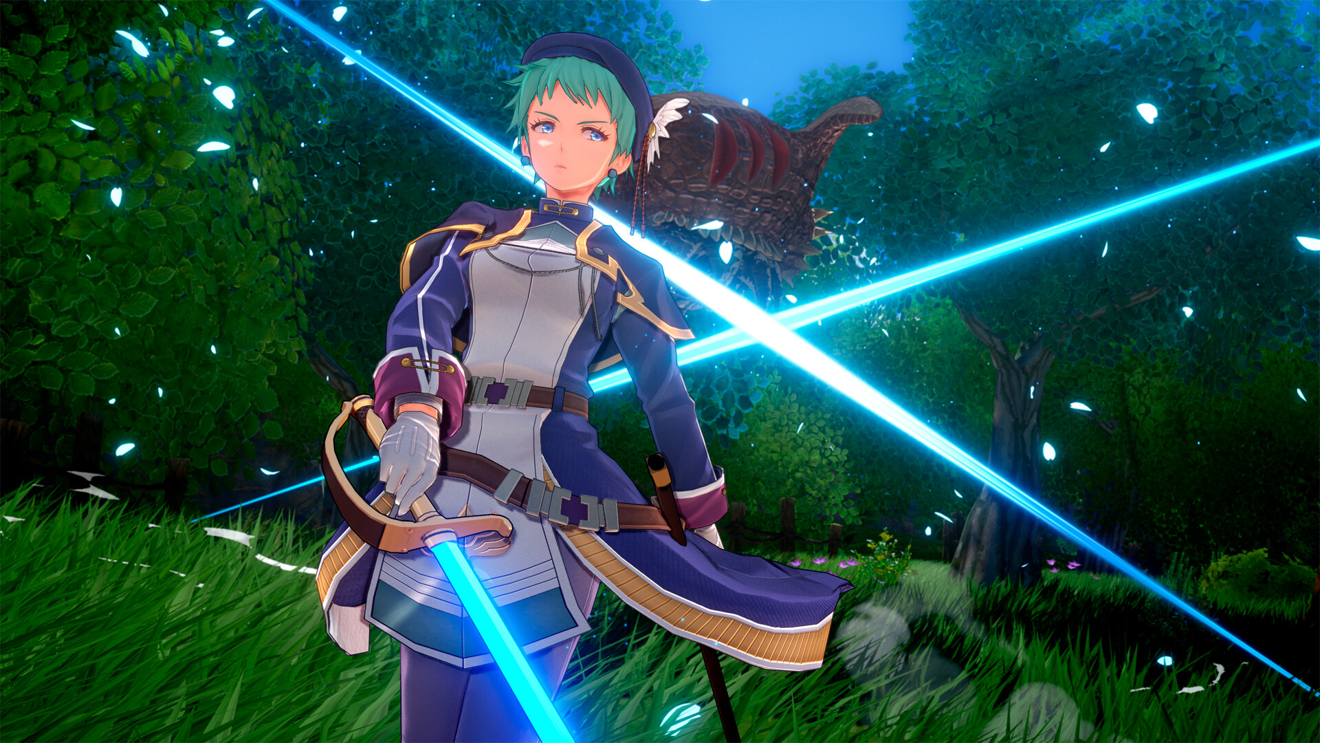 A character unleashing a cross slash of blue light in a forest battle