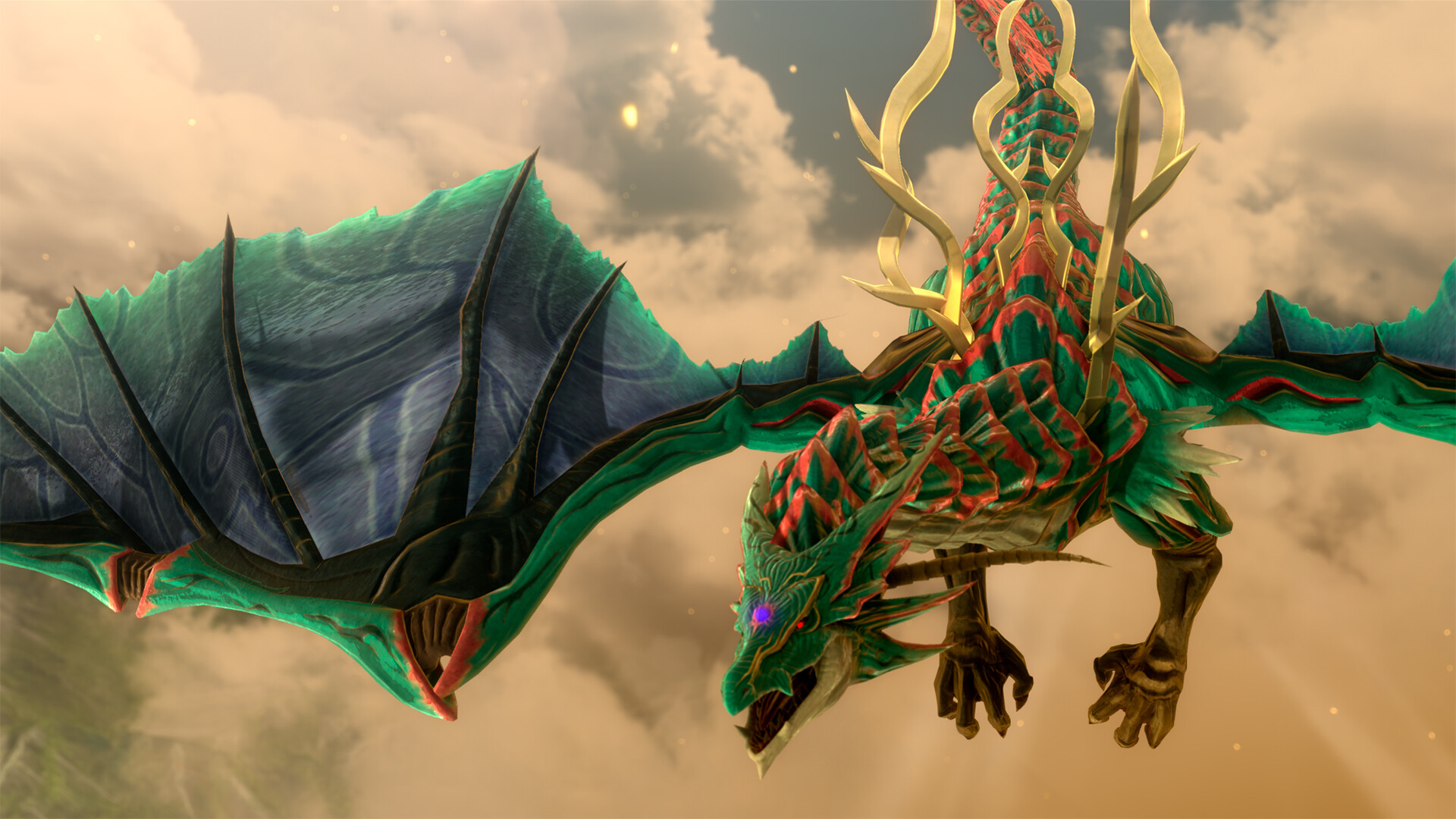 A green dragon soaring through the clouds above Liberl